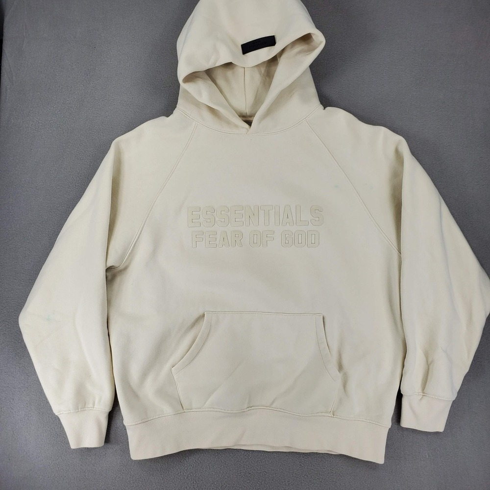 Fear of God Essentials Hoodie Mens M Cream Embossed Logo Streetwear Pullover